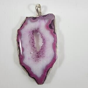 Handmade Silver Pendant – Pink Druzy Agate Slice + 20" Silver Snake Chain